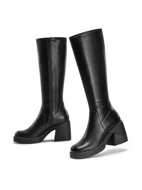 Square Toe Knee High Boots Platform Chunky Block Heel PU